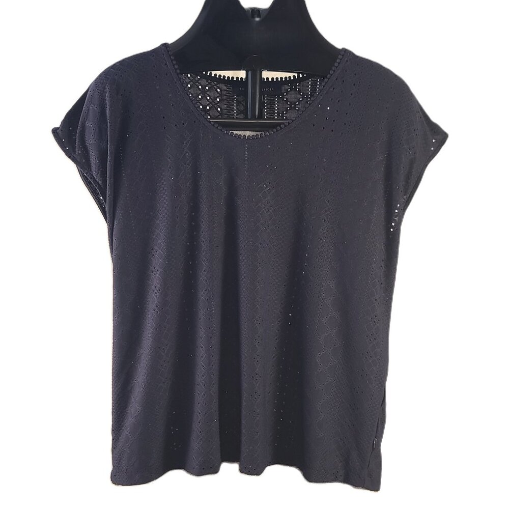 TOMMY HILFIGER Navy Eyelet Pullover Short Sleeve Top Women's Size Medium